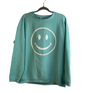 KatyDid Smiley Face Ribbed Waffle Knit Crewneck Sweatshirt Teal Blue L